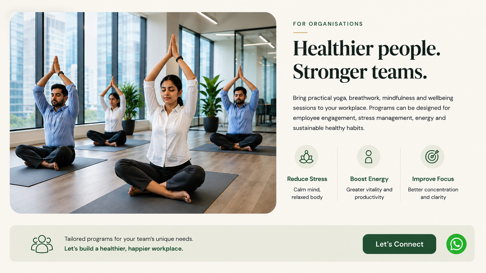 Employees practising yoga together in a corporate workplace